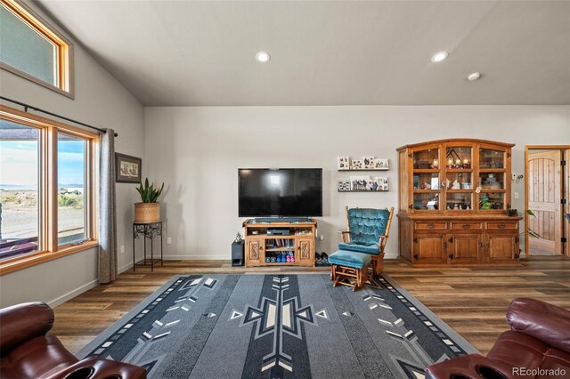 living room with lofted ceiling and hardwood / wood-style floors