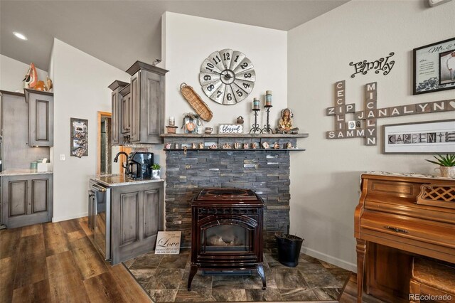 interior space with dark hardwood / wood-style floors, sink, and light stone counters