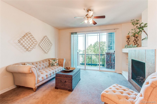 804 Summer Hawk Dr Unit 3202, Longmont, CO 80504 - carpeted living area featuring ceiling fan and a tiled fireplace