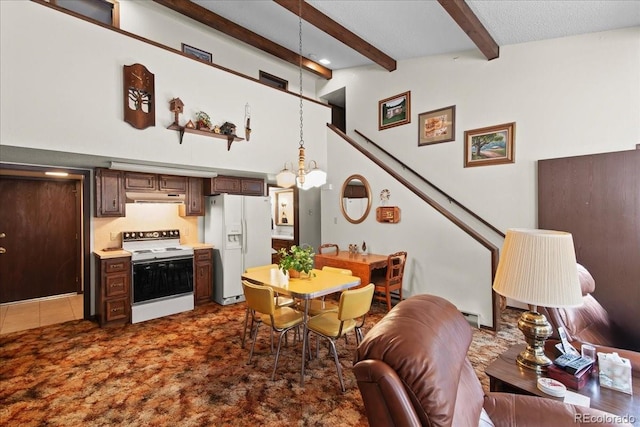 interior space featuring a notable chandelier, high vaulted ceiling, beam ceiling, and tile floors