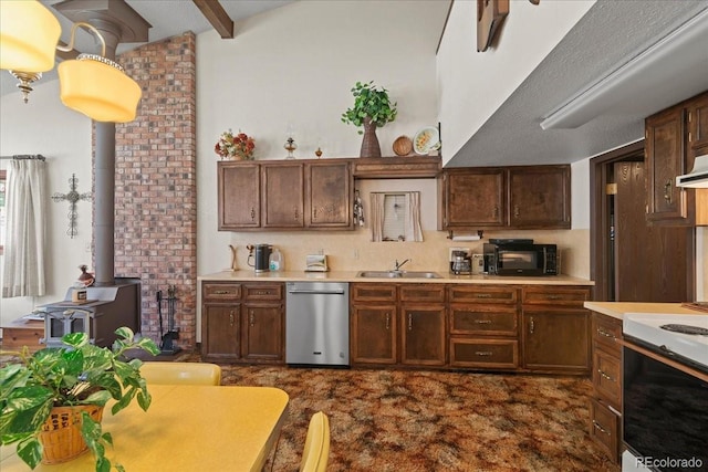 kitchen with brick wall, a wood stove, stainless steel dishwasher, white electric range oven, and sink