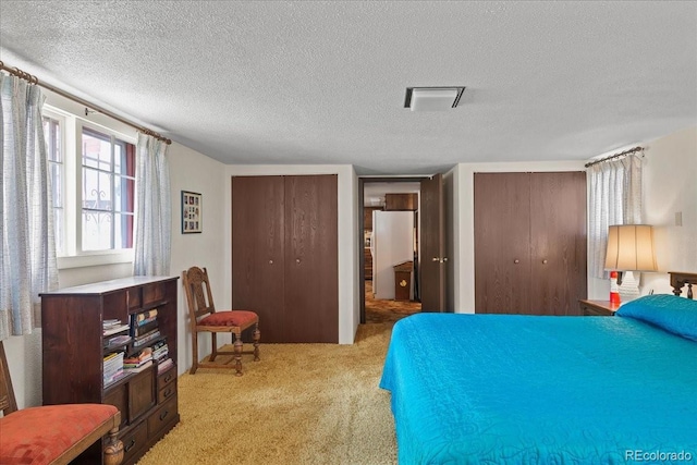 carpeted bedroom featuring a textured ceiling, multiple closets, and stainless steel refrigerator