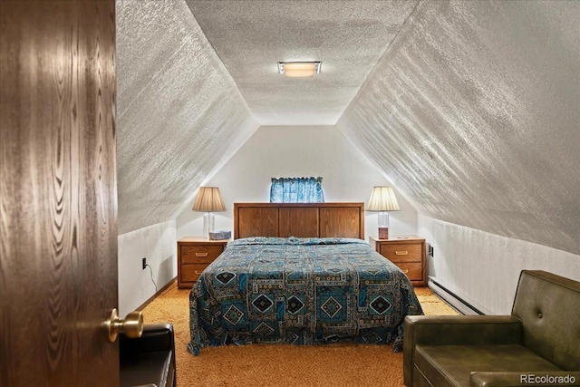 bedroom featuring a baseboard heating unit, vaulted ceiling, a textured ceiling, and light carpet