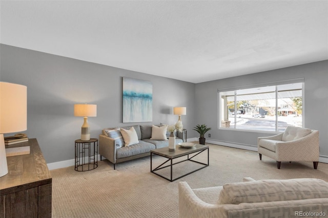 living room featuring light carpet and a baseboard radiator