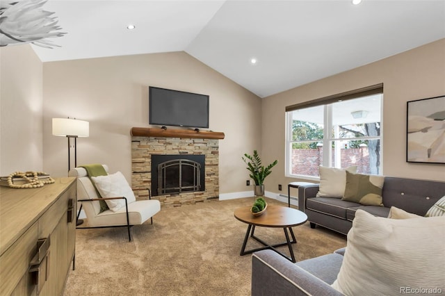 carpeted living room featuring a fireplace, a baseboard heating unit, and lofted ceiling