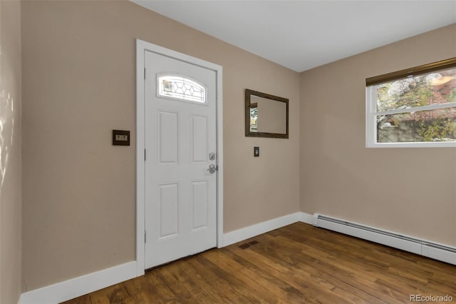 entryway with dark wood-type flooring and a baseboard radiator