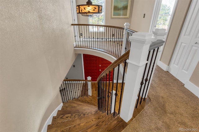 staircase featuring carpet and baseboard heating