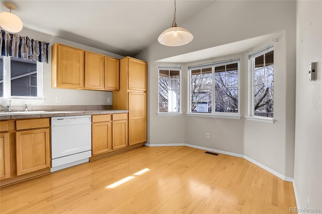 kitchen featuring a sink, light wood-type flooring, dishwasher, and vaulted ceiling