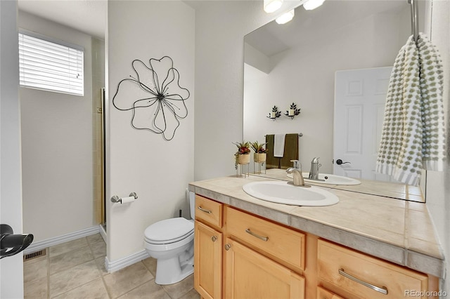 full bath featuring tile patterned flooring, vanity, toilet, an enclosed shower, and visible vents