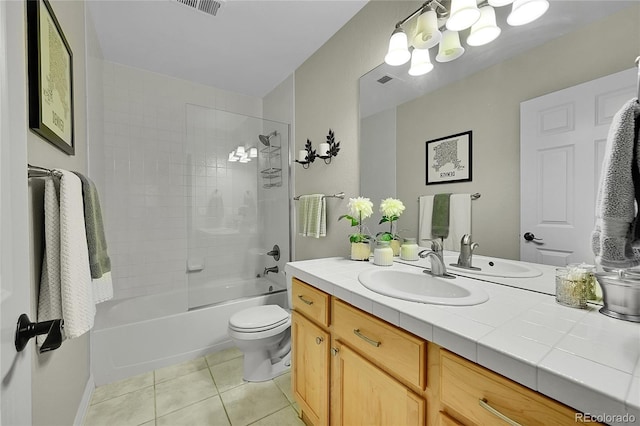 full bath featuring visible vents, tile patterned flooring, vanity, toilet, and a notable chandelier