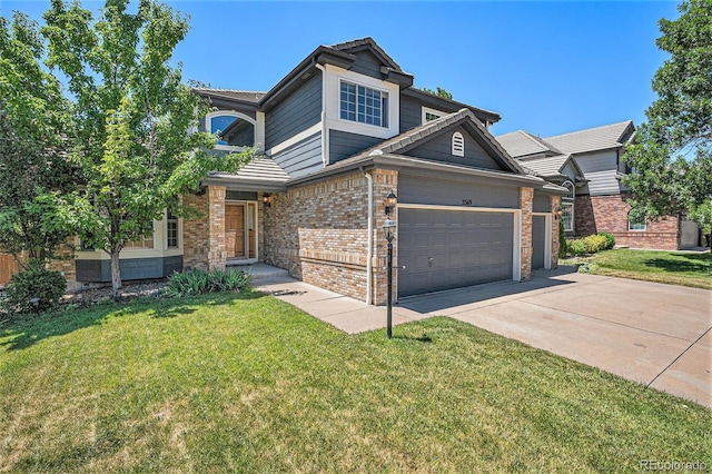 5569 S Helena St, Centennial, CO 80015 - craftsman inspired home featuring concrete driveway, brick siding, a front yard, and an attached garage