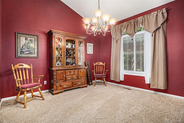 5569 S Helena St, Centennial, CO 80015 - living area featuring carpet floors, a chandelier, and lofted ceiling