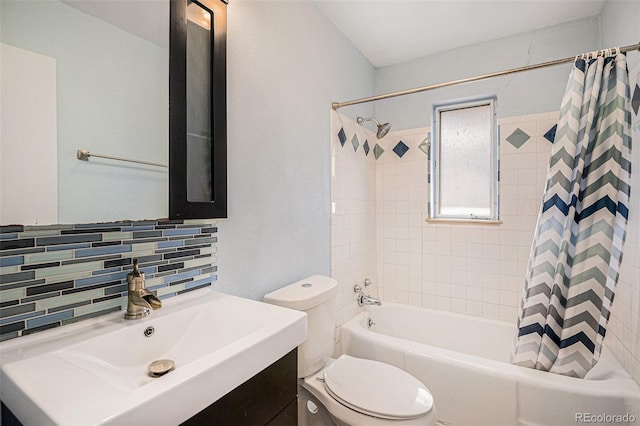 2526 W 39th Ave, Denver, CO 80211 - bathroom with toilet, shower / bathtub combination with curtain, tasteful backsplash, and vanity