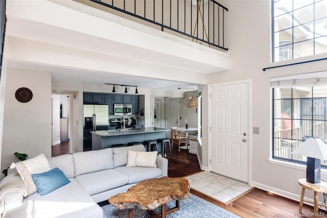 living room featuring track lighting, wood-type flooring, sink, and a high ceiling