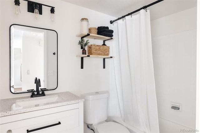 full bathroom with shower / tub combo, vanity, and toilet