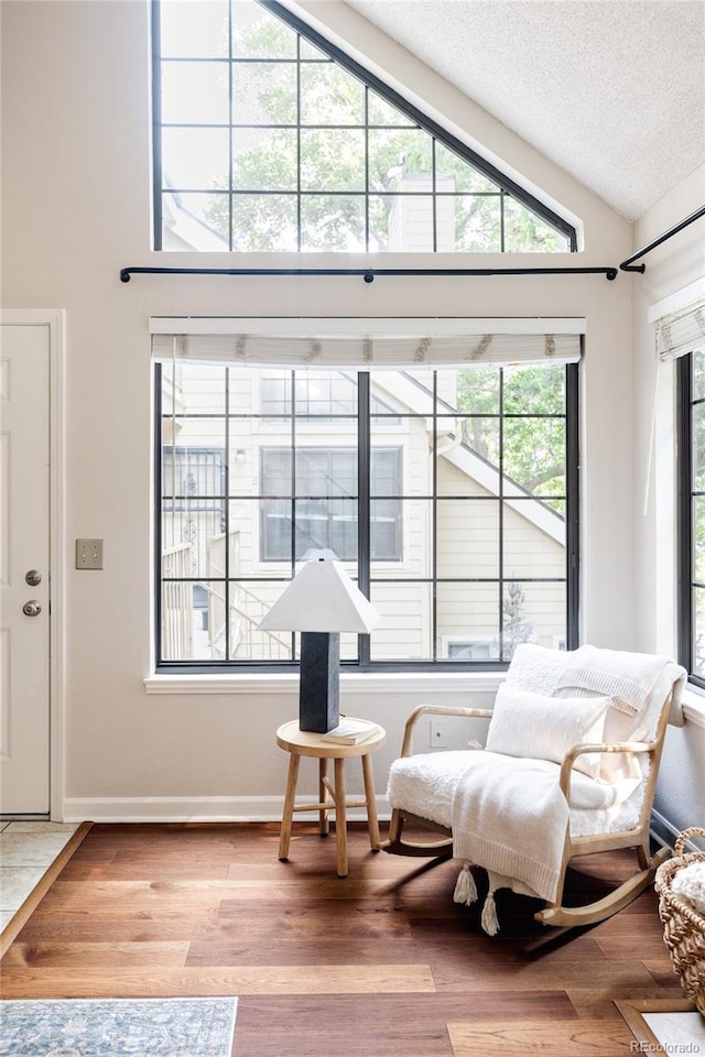 sitting room featuring hardwood / wood-style floors, high vaulted ceiling, and a textured ceiling