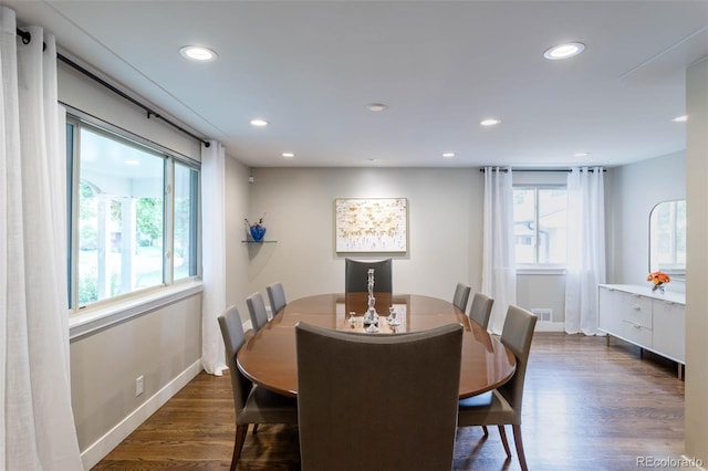 dining room with dark wood-type flooring and plenty of natural light