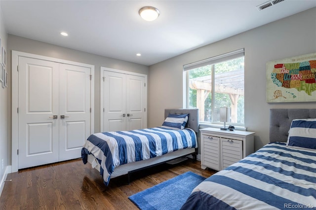 bedroom featuring dark wood-type flooring and two closets