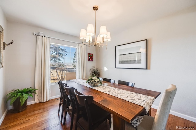 dining area featuring wood-type flooring and a notable chandelier