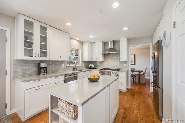 kitchen featuring white cabinetry, sink, wall chimney exhaust hood, and appliances with stainless steel finishes