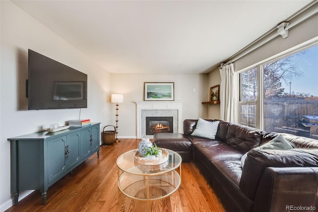 living room with dark hardwood / wood-style floors