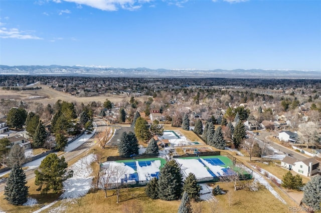 drone / aerial view featuring a mountain view