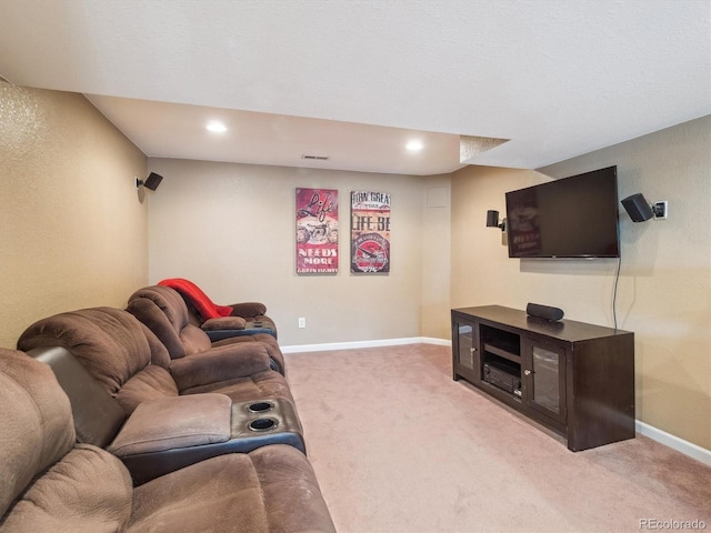 living area featuring baseboards, carpet flooring, recessed lighting, and visible vents