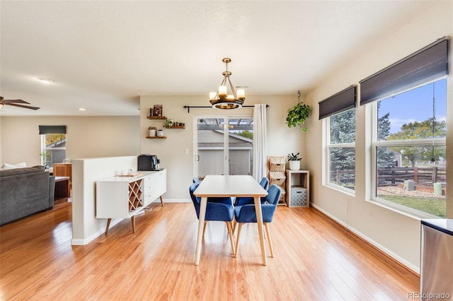 dining room featuring ceiling fan with notable chandelier and light hardwood / wood-style floors