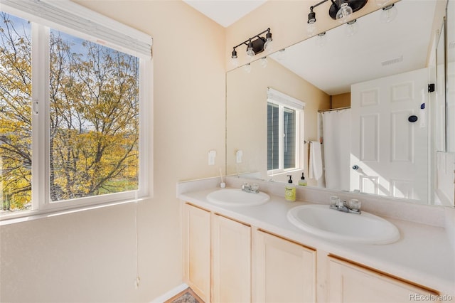 bathroom featuring walk in shower and vanity