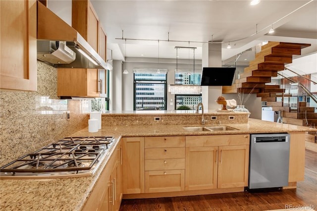 kitchen with sink, stainless steel appliances, tasteful backsplash, light brown cabinetry, and wall chimney exhaust hood