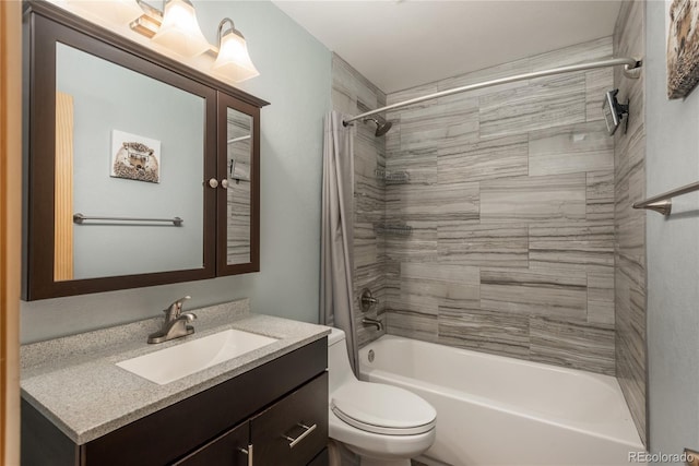 bathroom featuring vanity, toilet, and shower / bathtub combination with curtain