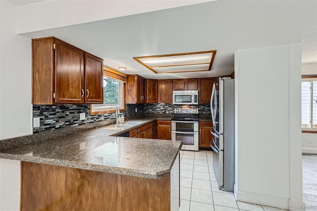 kitchen featuring a peninsula, appliances with stainless steel finishes, backsplash, and a sink