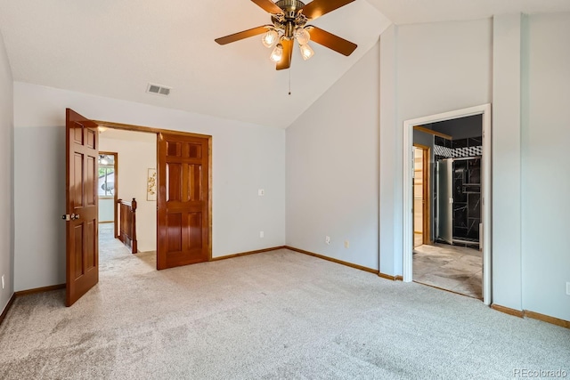 unfurnished bedroom featuring ceiling fan, carpet flooring, visible vents, and baseboards