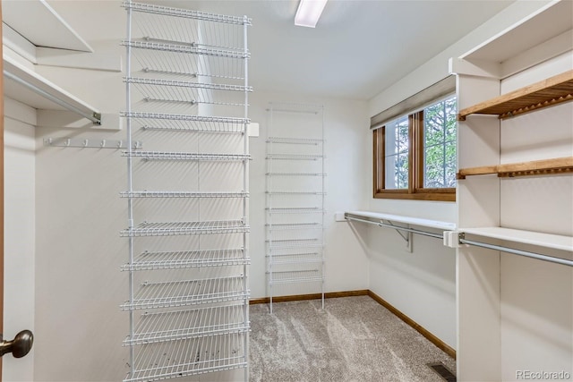 walk in closet with light carpet and visible vents