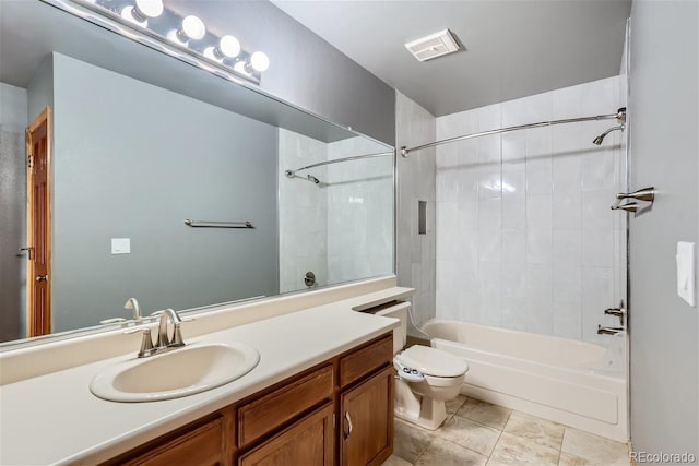 full bath featuring visible vents, toilet, shower / tub combination, tile patterned floors, and vanity