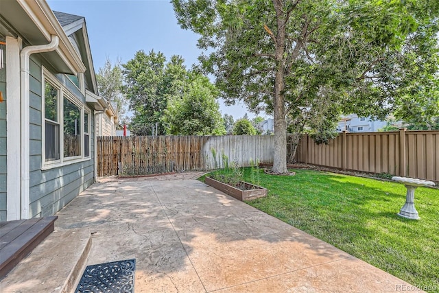 exterior space featuring a patio area, a fenced backyard, and a vegetable garden