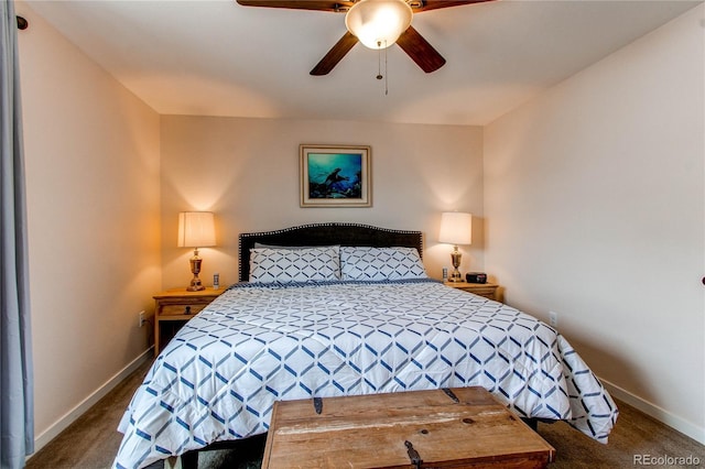 bedroom featuring ceiling fan and dark carpet