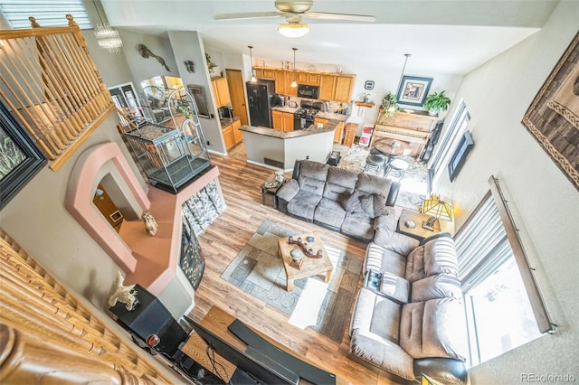 living room featuring a ceiling fan and light wood-style floors
