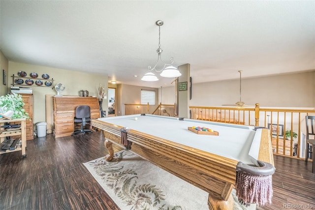 rec room with pool table, dark wood-style floors, and ceiling fan