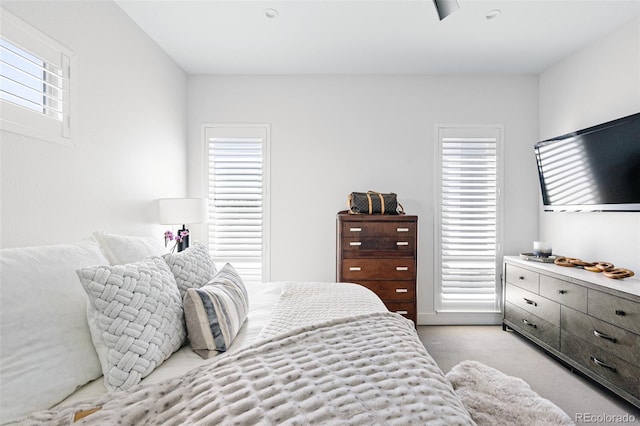 bedroom with light colored carpet