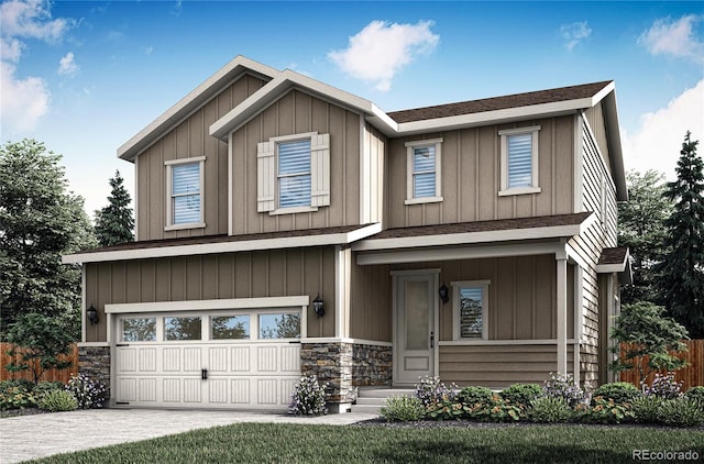 craftsman inspired home with board and batten siding, concrete driveway, an attached garage, and stone siding