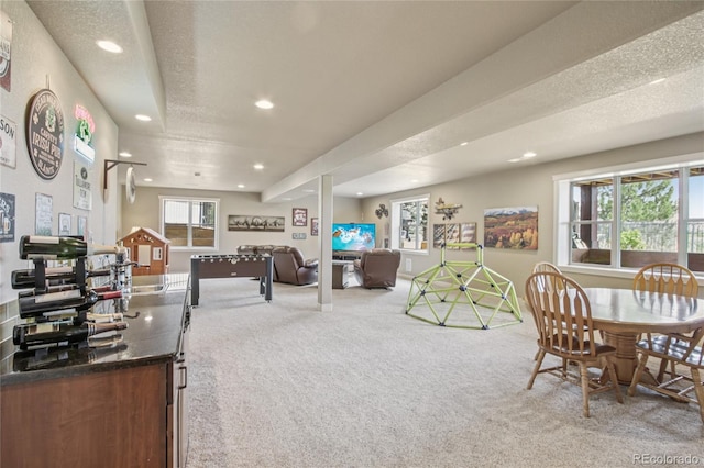 7258 Spanish Bay Dr, Windsor, CO 80550 - dining area featuring recessed lighting, carpet floors, and a textured ceiling