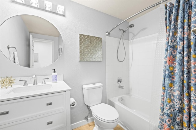 full bathroom with shower / bathtub combination with curtain, vanity, and toilet