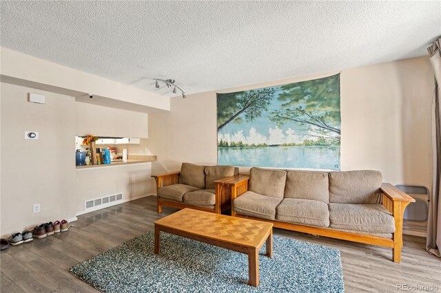 living room featuring wood-type flooring, a textured ceiling, and rail lighting