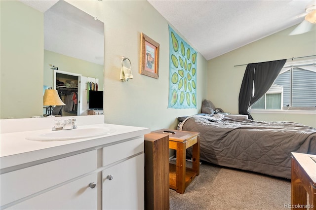 bedroom with light carpet, a textured ceiling, vaulted ceiling, sink, and a closet