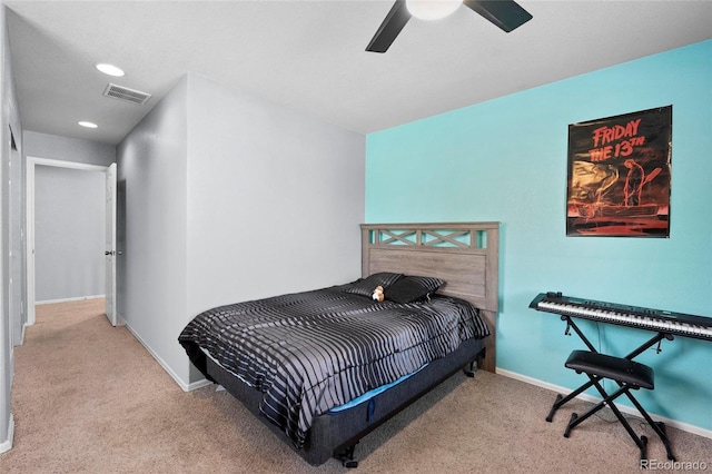 bedroom featuring carpet, baseboards, and a ceiling fan