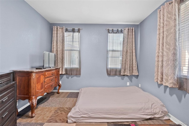 bedroom featuring multiple windows, wood finished floors, and baseboards
