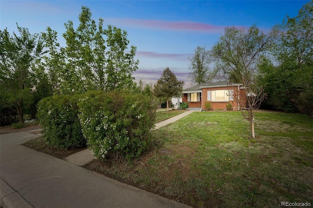 view of front of property featuring a yard and brick siding