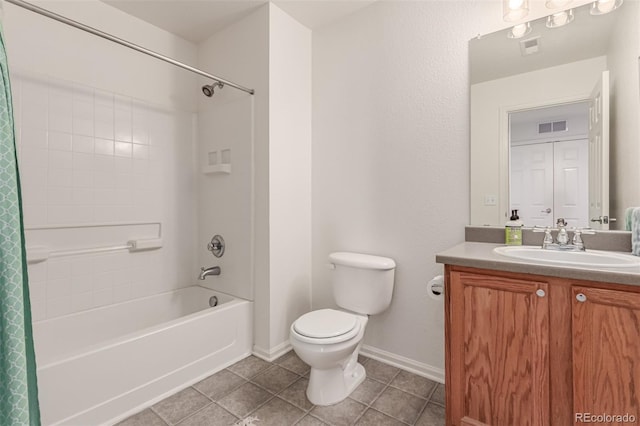 full bathroom with visible vents, shower / tub combo, toilet, vanity, and tile patterned floors
