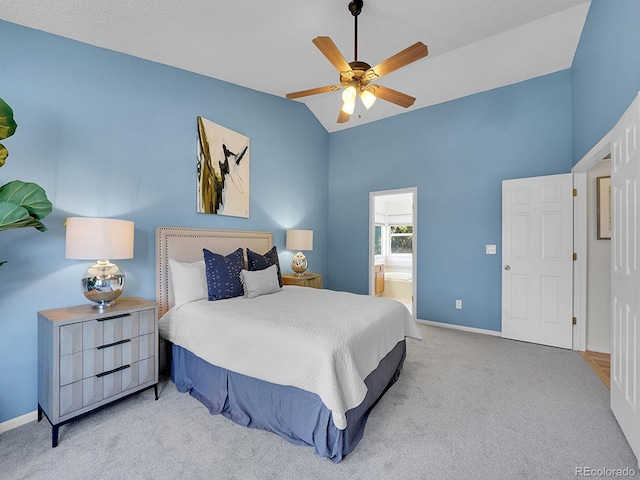 3661 Seramonte Dr, Highlands Ranch, CO 80129 - carpeted bedroom with lofted ceiling, connected bathroom, and ceiling fan